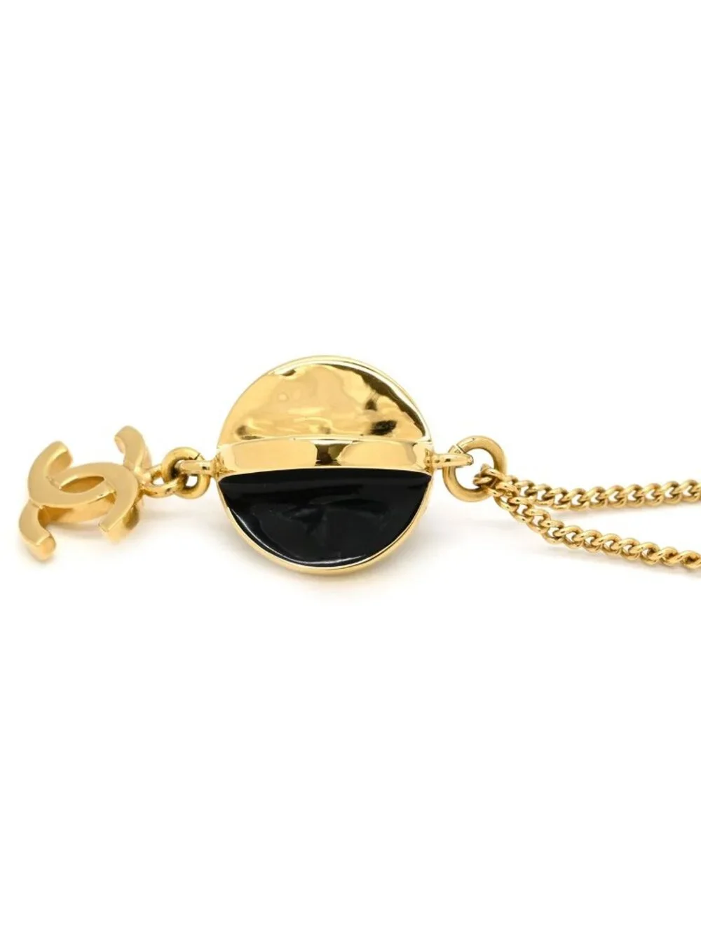 Chanel Necklace Rhinestone CC Logo Lacquer White Black Gold CC Mark Swing